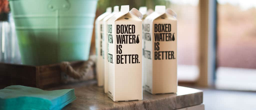 Boxed Water brand cartons of water. The packaging says "Boxed Water is better."