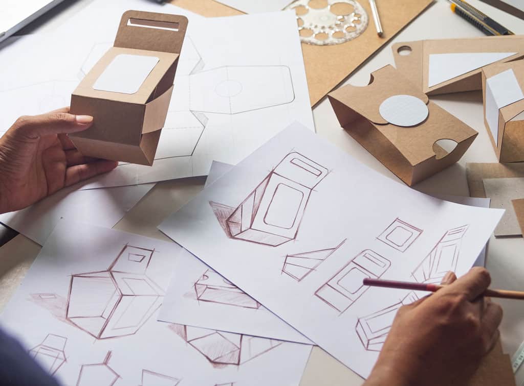 A worktable with multiple sketches and a prototype of product packaging.