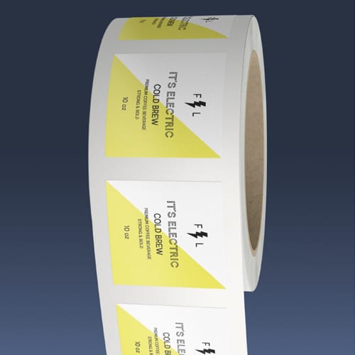 Label roll mockup showing roll direction number three. The right edge of the design comes off the roll first.