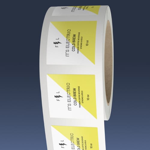 Label roll mockup showing roll direction number four. The left edge of the design comes off the roll first.