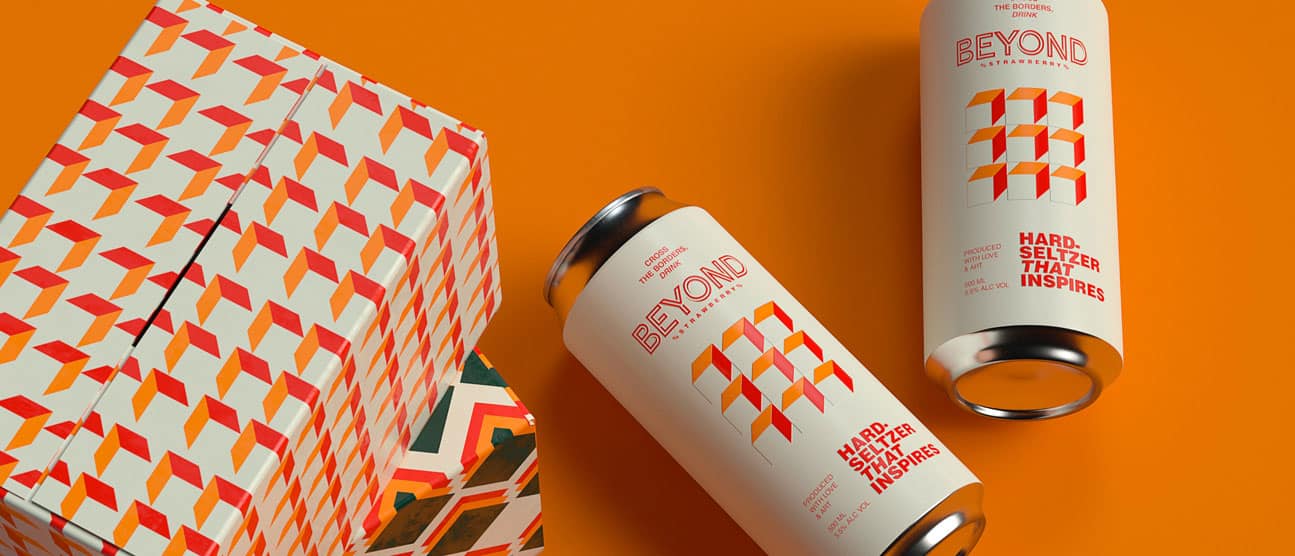Product shot of Beyond hard seltzers against a bright orange background.